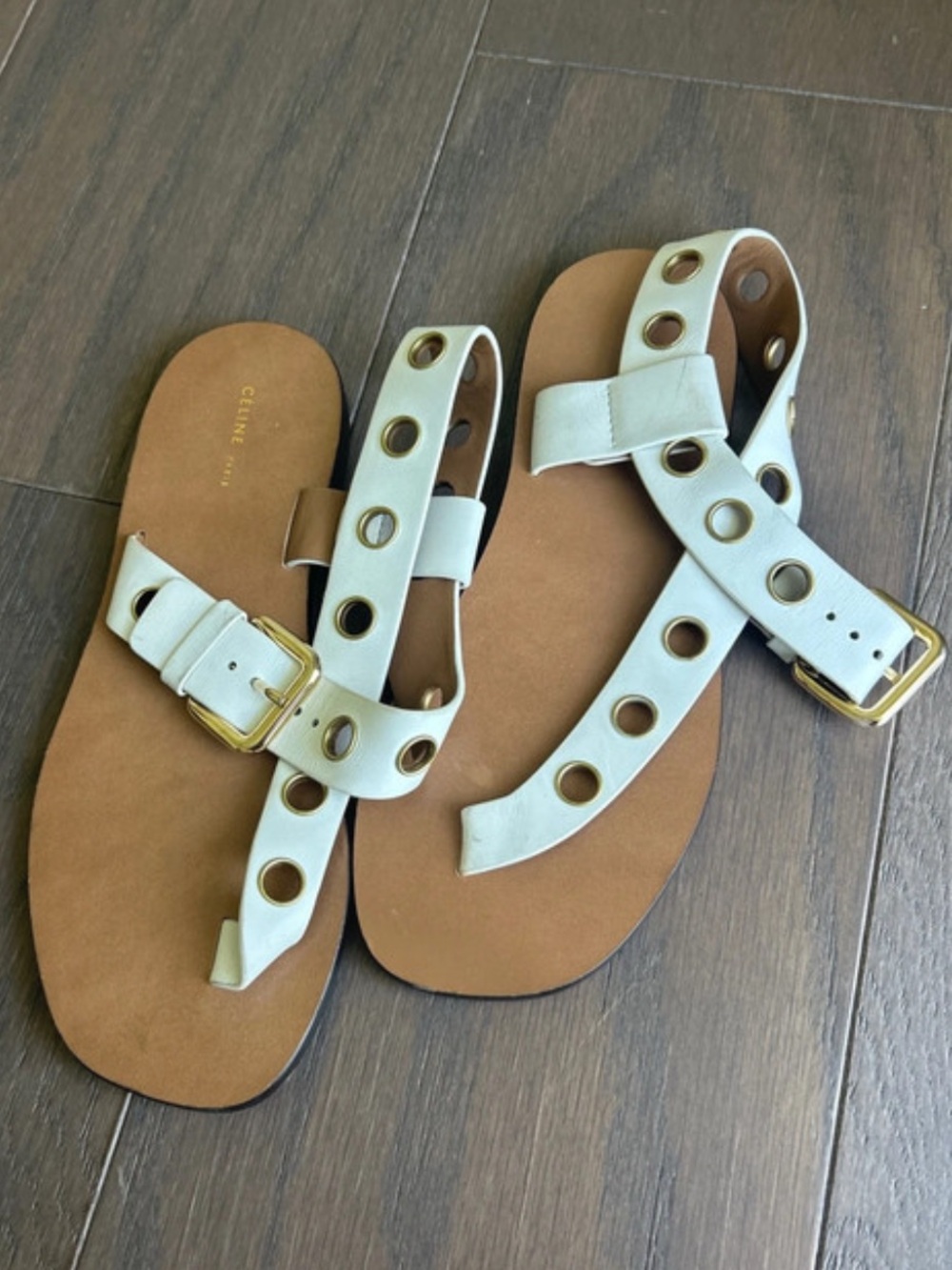 Leather Thong Sandals with Grommet Straps in Light Cream